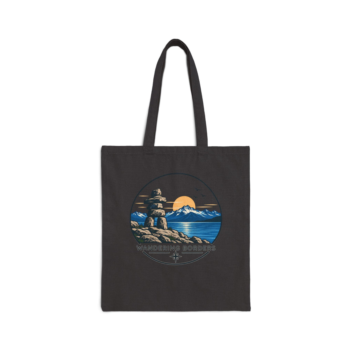 Wandering Borders Canvas Tote Bag — Scenic Inukshuk & Sunset Beach Market Tote