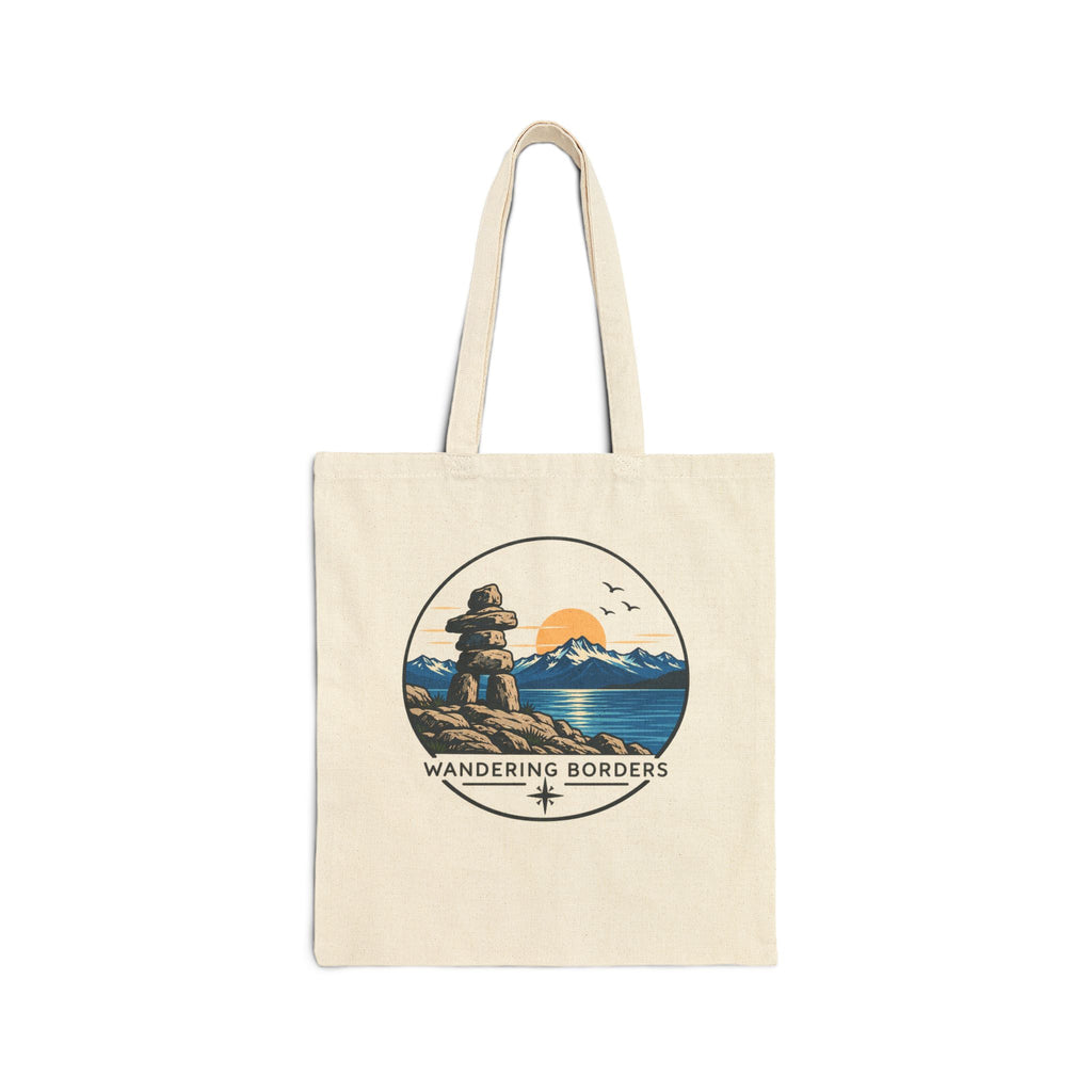 Wandering Borders Canvas Tote Bag — Scenic Inukshuk & Sunset Beach Market Tote
