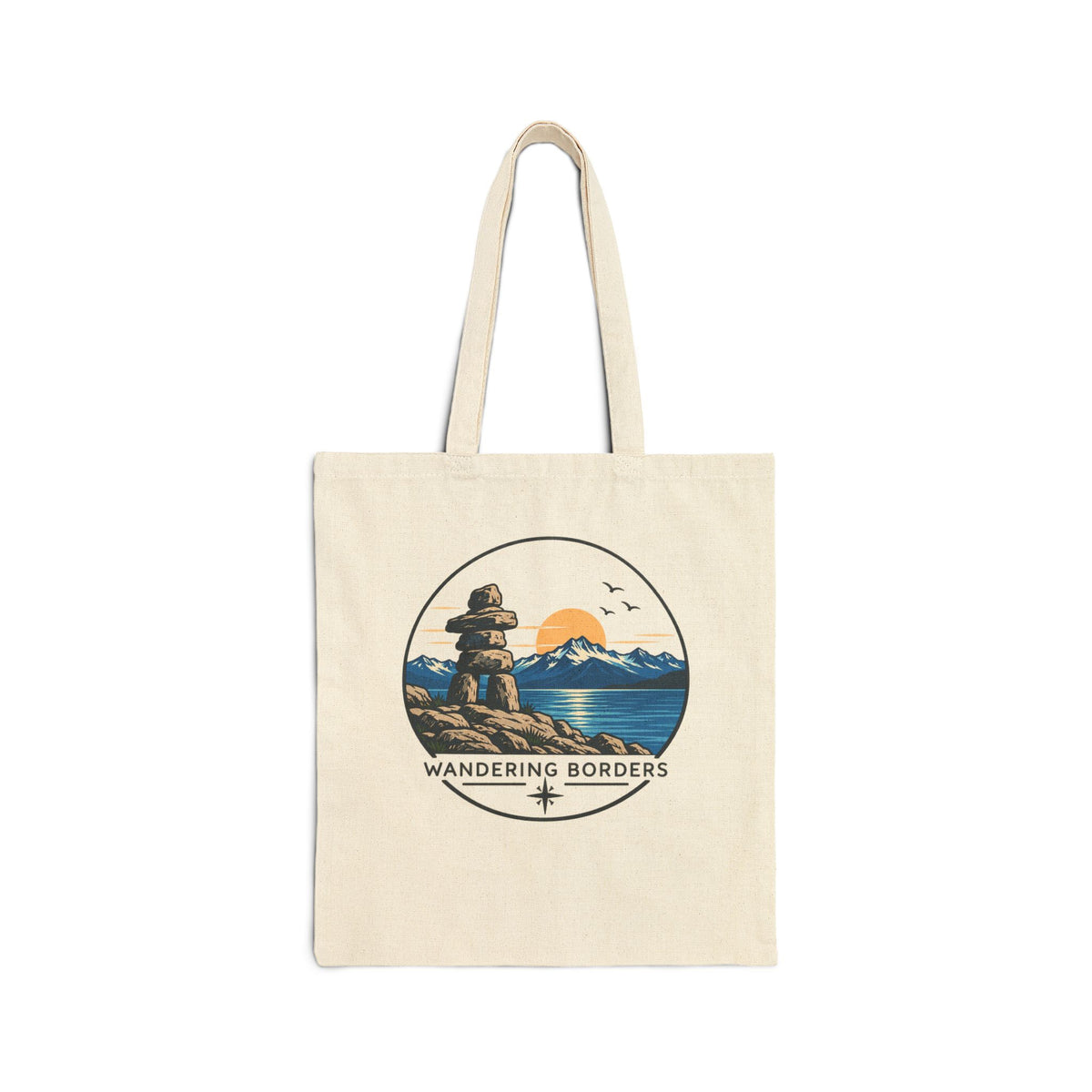 Wandering Borders Canvas Tote Bag — Scenic Inukshuk & Sunset Beach Market Tote