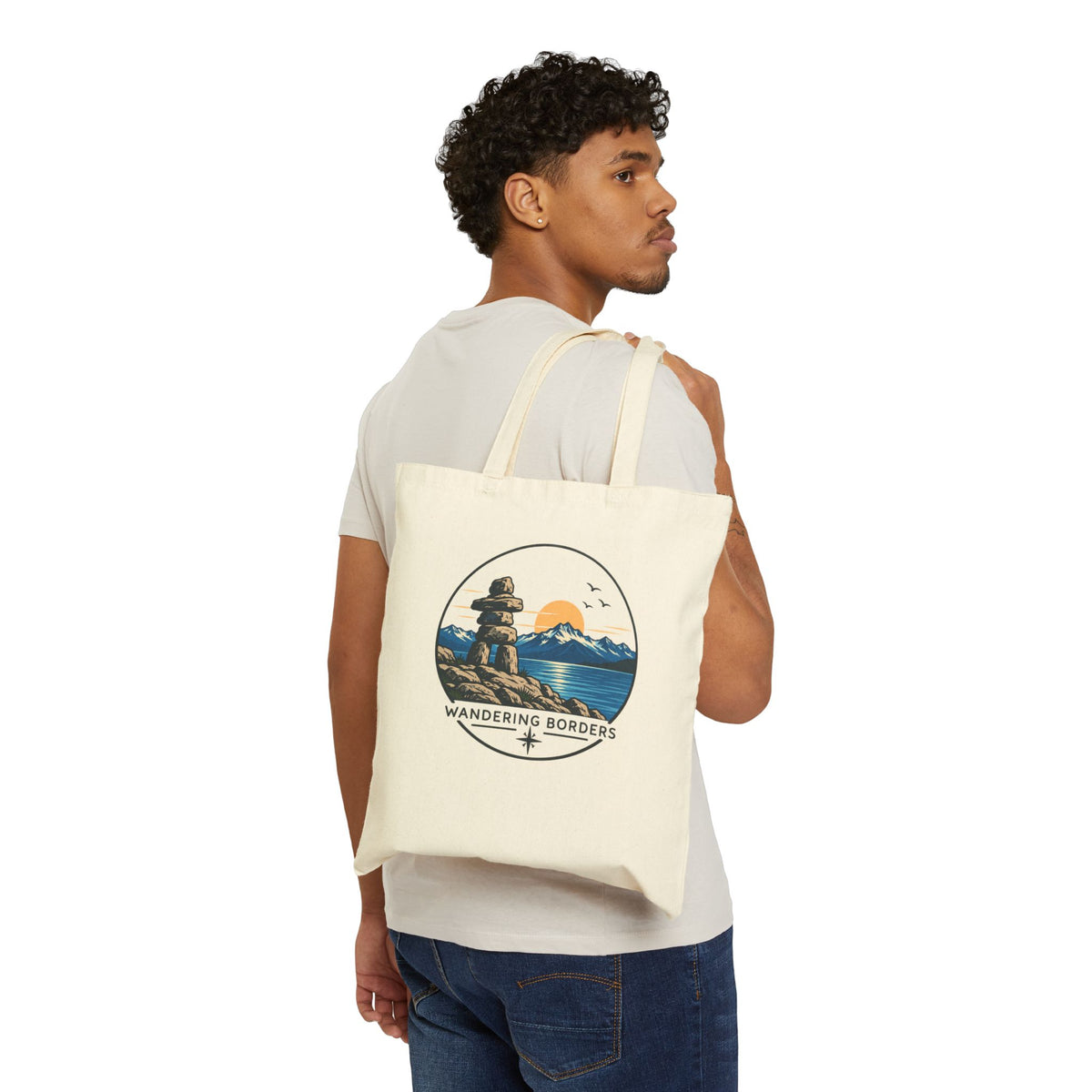 Wandering Borders Canvas Tote Bag — Scenic Inukshuk & Sunset Beach Market Tote