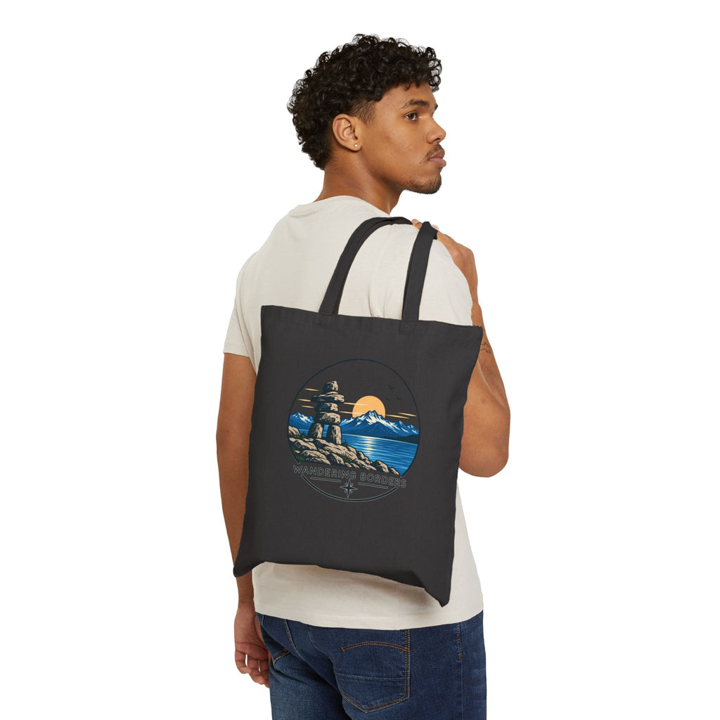 Wandering Borders Canvas Tote Bag — Scenic Inukshuk & Sunset Beach Market Tote