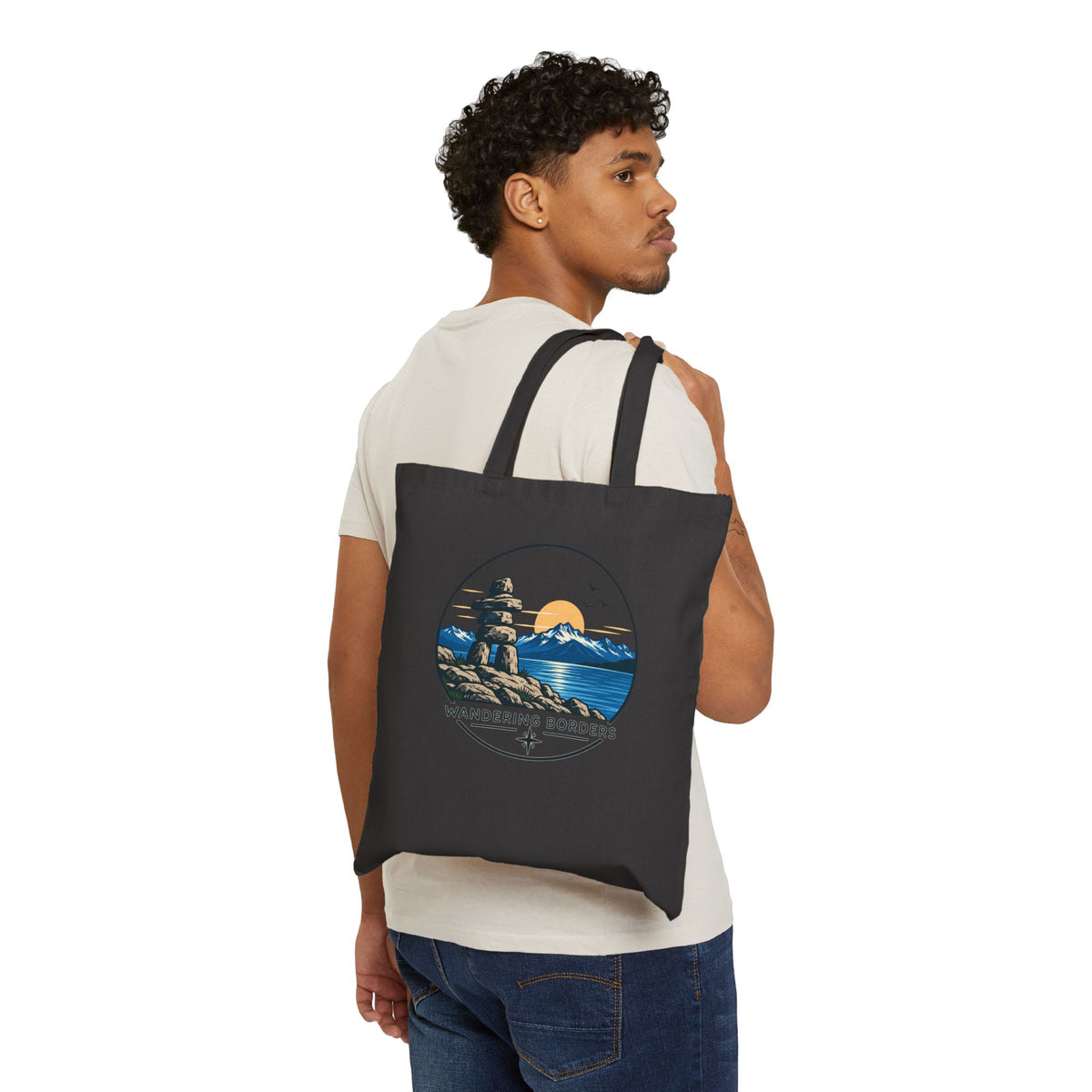 Wandering Borders Canvas Tote Bag — Scenic Inukshuk & Sunset Beach Market Tote